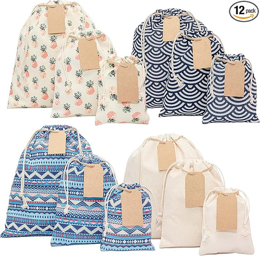 12 pcs Reusable gift bags. Bonus: 15 Gift tags & String. Multipurpose Gift wrap bags. Fabric gift bags. Gift bags assorted sizes for Holiday gifts, birthdays, parties. 2nd Ed.