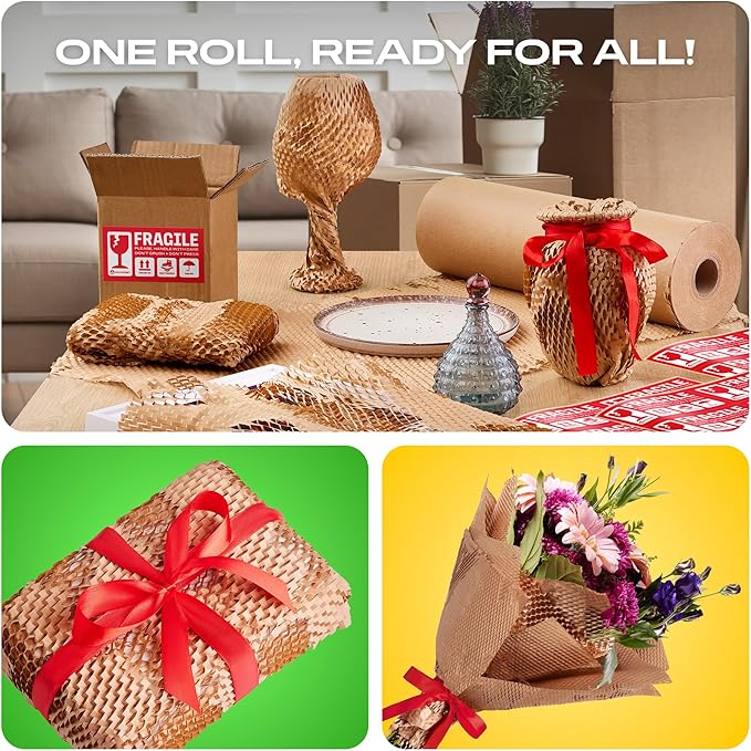 Honeycomb Packing Paper | Extra Thick 90 GSM Packing Wrap | Biodegradable Packing Materials: 15” x 400’ Moving Paper + 30 Fragile Stickers | Paper Bubble Wrap/Packing Bubbles Substitute