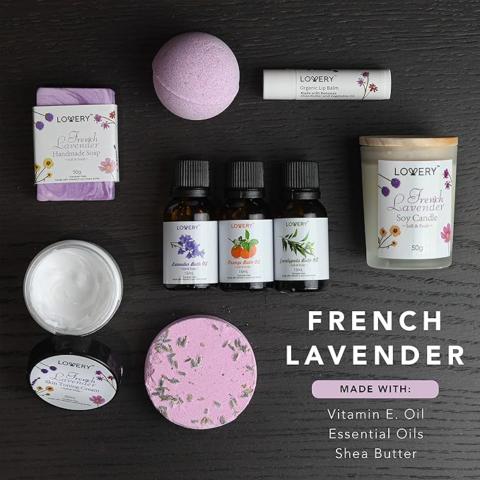 Christmas Bath Gift Set, 18pc French Lavender Relaxation Spa Gift Basket for Women & Men, Handmade Gift Box, Body Oils, Organic Lip Balm, Scented Candle, Bath Bomb & More, Spa Kit Gift for Birthday