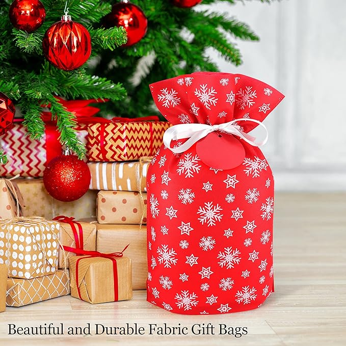 Fabric Gift Bags for Christmas Presents - 6 Pcs Holiday Bags with Drawstring, Large Christmas Gift Bags for Presents, Gift Wrap Reusable Bags for Gifts (Red Designs)