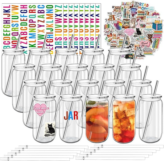 16 oz Clear Plastic Cups Reusable with Lids and Straws & DIY Sticker, 20Pack Acrylic Mason Jars Iced Coffee Drinking Glasses Cup for Park Picnic, Poolside, Party Giveaways