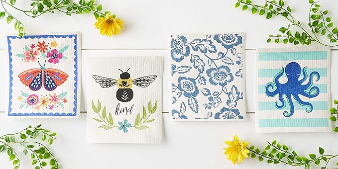 DII Swedish Dishcloths for Kitchen & Cleaning, Reusable, Machine Washable & Dishwasher Safe, Biodegradable, 7.75 x 6.75, Octopus, 3 Piece