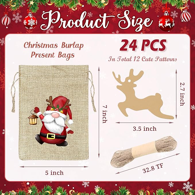 BORAMDO Christmas Burlap Gift Wrapping Bags with Drawstrings 24Pcs, Christmas Gnomes Linen Treat Candy Bags for Holiday Party Favor Supplies