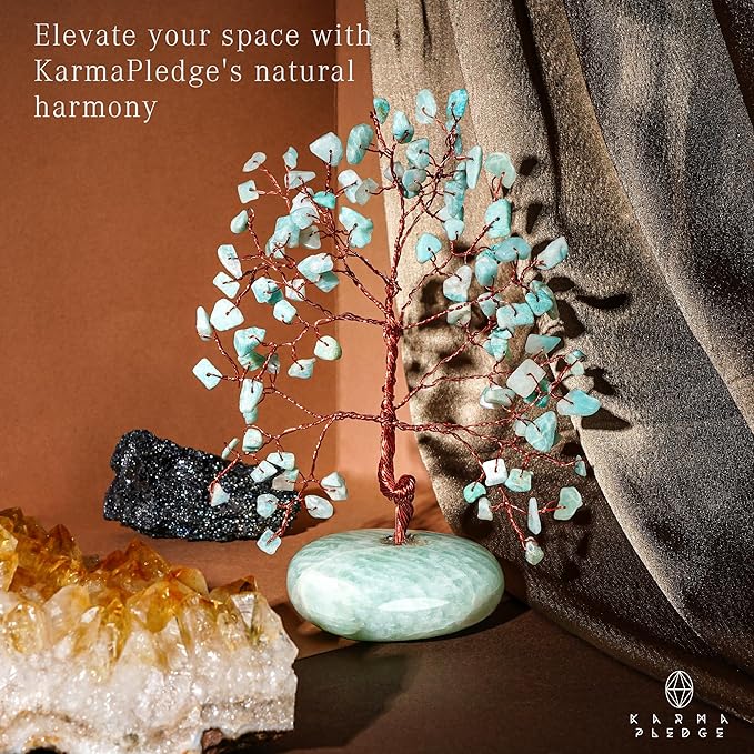 KARMAPLEDGE Crystal Tree of Life Home and Office Feng Shui Decor, Amazonite Healing Crystal Handmade Bonsai Tree for Positive Energy, Good Luck, Money, Christmas Decor, Birthday Gifts for Women, Mom