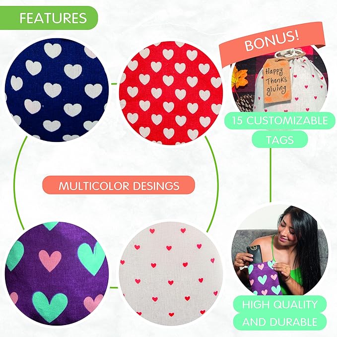 12 pcs Reusable gift bags. Bonus: 15 Gift tags & String. Multipurpose Gift wrap bags. Fabric gift bags. Gift bags assorted sizes for Holiday gifts, birthdays, parties. 15th Ed.