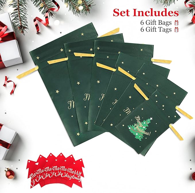Fabric Christmas Gift Bags - 6 Pcs Gift Bags with Drawstring, Large Reusable Christmas Bags for Gifts (Green Xmas Tree Assorted)