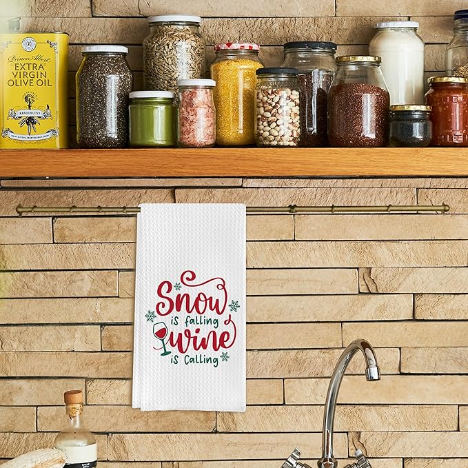 Christmas Wine Kitchen & Hand Towels - Snow is Falling, Wine is Calling - Dish & Tea Towels for Kitchen & Bathroom Decor - 16 x 24 Inches