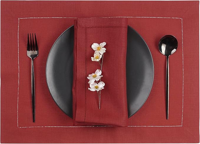 D'Moksha Homes Red Linen Placemats Set of 6 - Classic Hemstitch Placemats 14 x 19 Inch - 100% Pure Linen Table Mats for Winter, Christmas, Holiday - Handcrafted and Machine Washable
