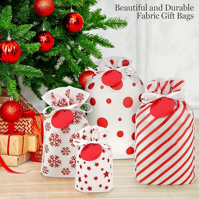 Fabric Gift Bags for Christmas Presents - 6 Pcs Gift Wrap Christmas Bags with Drawstring, Large Xmas Gift Bags for Presents, Reusable Xmas Bags for Gifts (Glitter Red, Assorted)