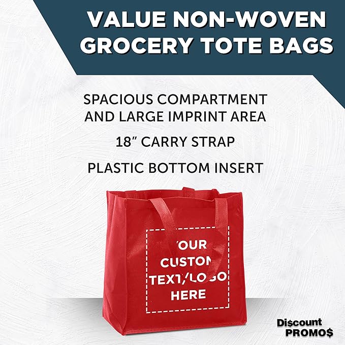 DISCOUNT PROMOS Custom Reusable Cloth Grocery Shopping Tote Bags Set of 10/50/100, Personalized Bulk Pack - Foldable, Washable, Shopper Bag - Red