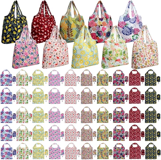 Tanlade 50 Pcs Reusable Grocery Bags Large Foldable Polyester Tote Bag Heavy Duty Washable Shopping Bags with Pouch Attached