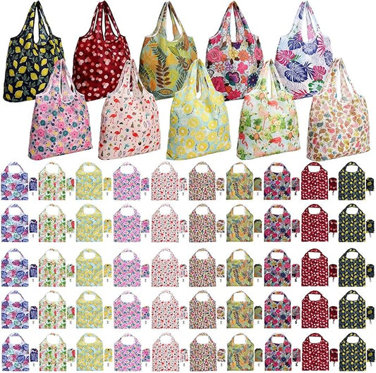 Tanlade 50 Pcs Reusable Grocery Bags Large Foldable Polyester Tote Bag Heavy Duty Washable Shopping Bags with Pouch Attached