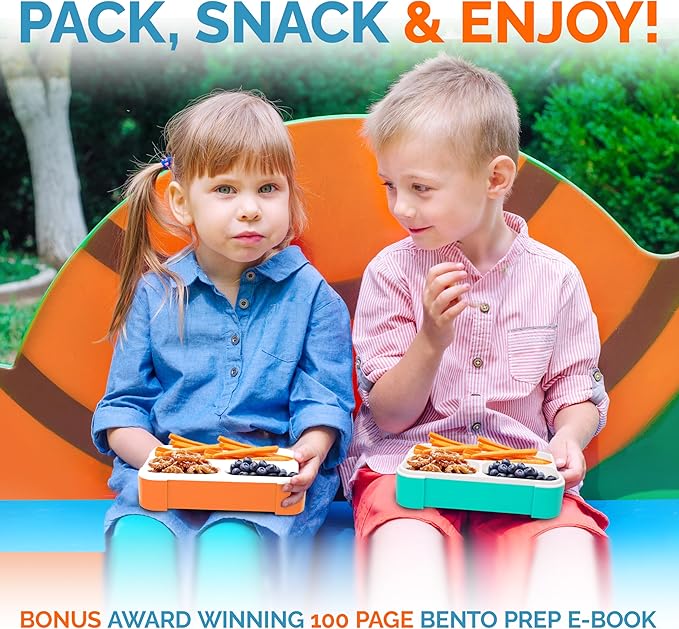 kinsho MINI Lunch-Box Snack Containers for Kids | SMALL Bento-Box Portion Container | Leak-proof Boxes for School Work Travel | Best for Adults Boys or Girls | Blue + Orange Set of 2
