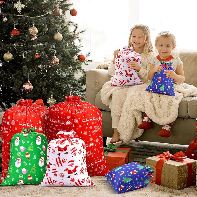 ARGCONNER 12 Pcs Christmas Drawstring Gift Bags, Assorted Reusable Fabric Gift Wrapping Bags in 4 Sizes and Designs for Gifts Xmas Party Holiday Favors