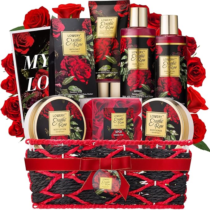 Christmas Gifts from Daughter and Son, Spa Bath and Body Gift Set, Exotic Rose Gift Basket for Women & Men, Thank You, Birthday, Mom, Personalized Gifts with Body Scrub, Bubble Bath, Lotion & More