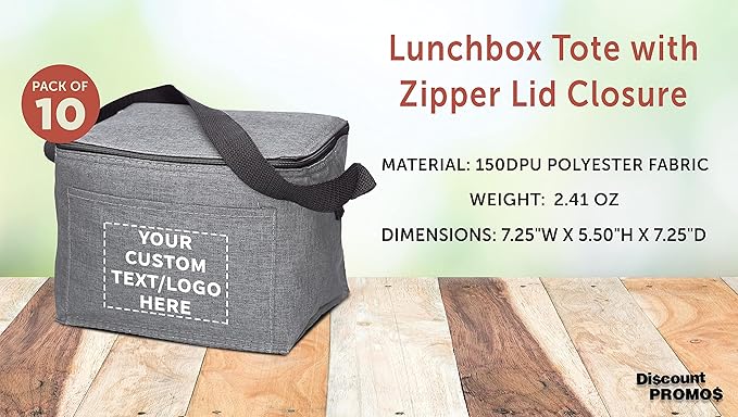 Custom Insulated Cooler Lunch Bag Set of 10, Personalized Bulk Pack - Perfect for Work, Travel, Outdoor Events - Grey