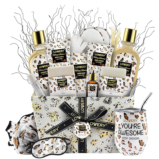 Christmas At-Home Spa Kit with Honey Almond Scent, Bath Gift Basket - Vit E-Rich Bath Essentials, Tumbler, Ear Candles, Bath Oil, Salts, Shower Steamer, Organic Lip Balm & More in Leopard Basket, 21