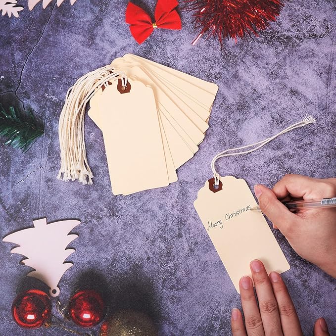 Outus 60 Pcs 4 3/4-in x 2 3/8-in Blank Large Paper Gift Tags with String and Reinforced Eyelet Wire Writable Price Tags Shipping Labels Inventory Labels(Ivory)