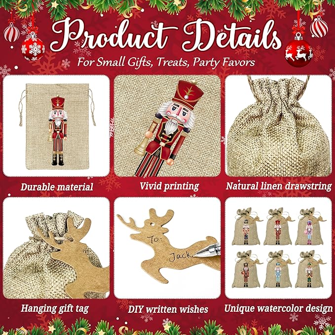 BORAMDO Christmas Nutcracker Linen Wrapping Bags, 24Pcs, Watercolor 12 Designs, Small Treat Candy Bags for Holiday Party Favor Supplies