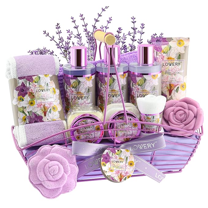 Christmas Gift Sets For Women, Gift Basket for Women & Men, Bath and Body Gift Basket, 13pc Vanilla Lavender Home Spa Set, Body Lotion, Bath Bomb, Shower Gloves Gift for Mom Thank You Birthday Gifts