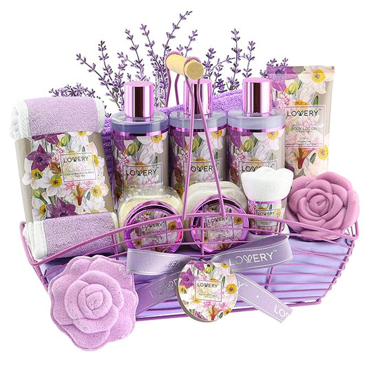 Christmas Gift Sets For Women, Gift Basket for Women & Men, Bath and Body Gift Basket, 13pc Vanilla Lavender Home Spa Set, Body Lotion, Bath Bomb, Shower Gloves Gift for Mom Thank You Birthday Gifts