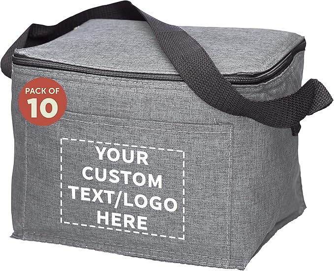 Custom Insulated Cooler Lunch Bag Set of 10, Personalized Bulk Pack - Perfect for Work, Travel, Outdoor Events - Grey