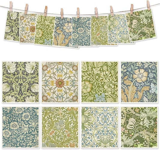 8 Packs Vintage Floral Swedish Dishcloths Blue Green Flower Kitchen Dish Towel Reusable Washable Cotton Kitchen Towels for Home Party Cleaning Housewarming, 7 x 8 Inch