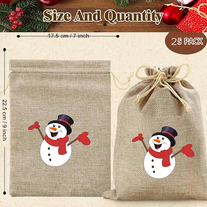 Homum 25 Pcs Christmas Burlap Gift Bags with Drawstring and Tags - 7x9 Inch Tiny Small Gift Bags for Xmas Candy and Christmas Supplies