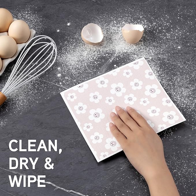 COOK WITH COLOR Eco-Friendly Reusable Swedish Dishcloths for Kitchen - Pack of 8 Reusable Paper Towels, Biodegradable Cellulose Sponge Cloths- Assorted Designs and Colors, Pink Floral