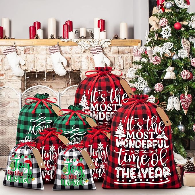 10 PCS Christmas Drawstring Gift Bags with Tags, Buffalo Plaid Xmas Gift Bags Assorted Sizes Bulk, Cotton Fabric Holiday Gift Bag Large Medium Small Wrapping Bag for Xmas Presents Decor Party Favors