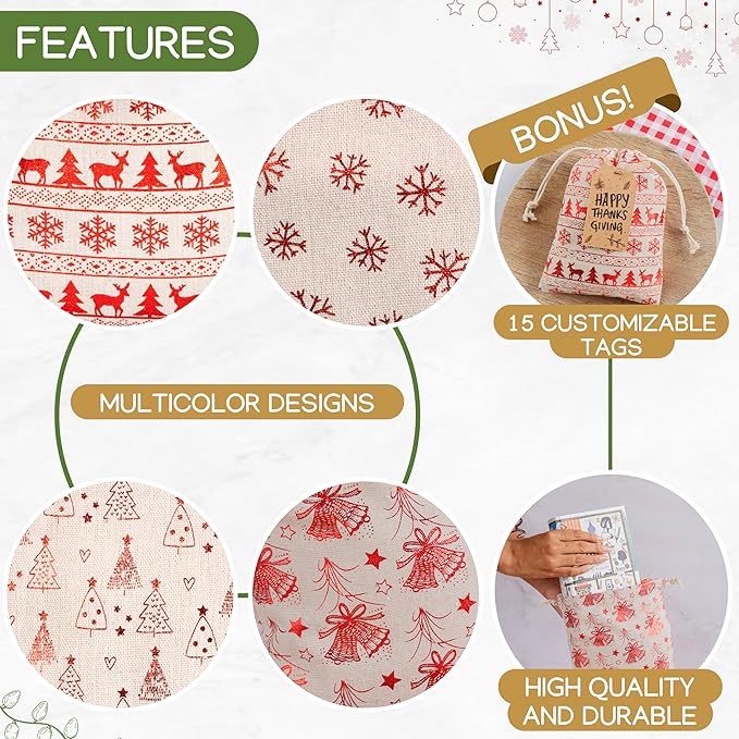 12 Pack Reusable Christmas gift bags with 15 gift tags. Gift sacks. Fabric drawstring holiday gift bags in assorted sizes. Xmas bags for presents, parties & stocking stuffers. (CE)