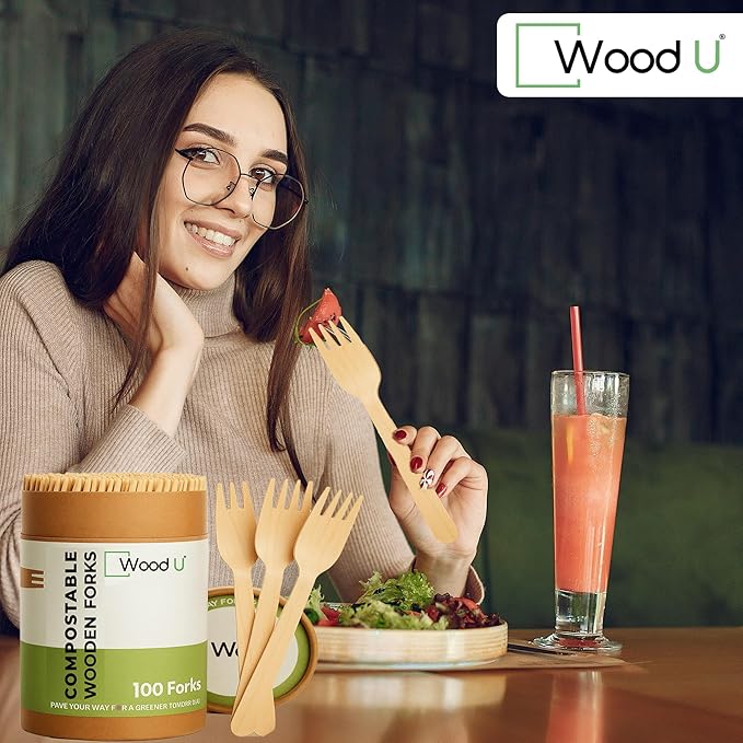 Disposable Wooden Forks by WoodU | 100% All-Natural, Eco-Friendly, Biodegradable, and Compostable - Pack of 100-6.5" forks cutlery utensils