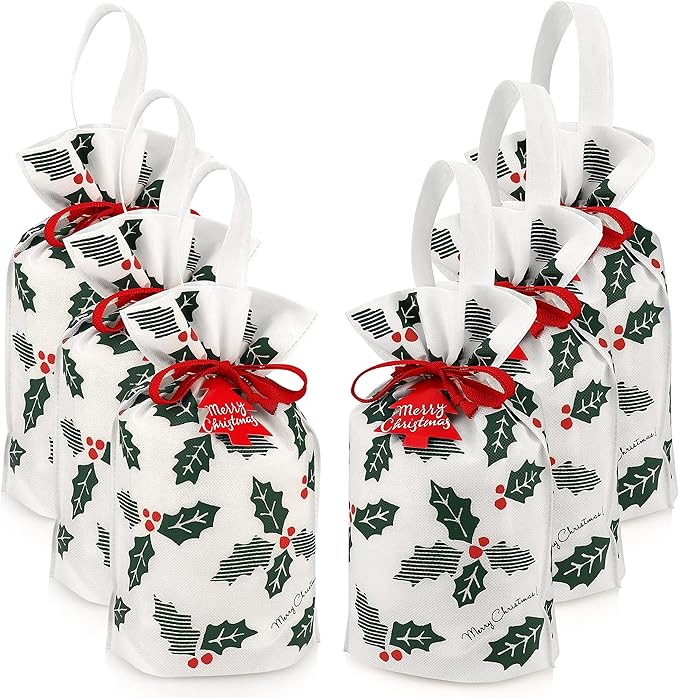 Fabric Gift Bags for Christmas Presents – Set of 6 Large Reusable Drawstring Bags with Festive Holly Design – Christmas Bags for Gifts – Perfect for Gift Wrap and Holiday Giving (Holly)