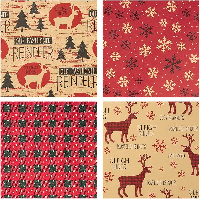 RUSPEPA Christmas Wrapping Paper, Kraft Paper - Red and Black Christmas Designs - 4 Rolls - 30 inches x 10 feet per Roll