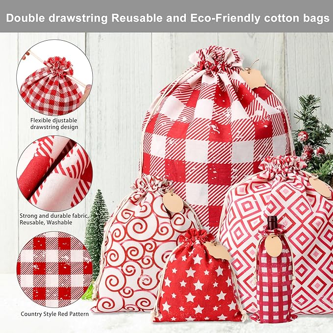 POPGIFTU 12 Pack Christmas Fabric Gift Bags with Drawstring — Reusable Red Canvas Holiday Gift Bags in Assorted Sizes with Gift Tags for Xmas Present Wrapping & Party Favors