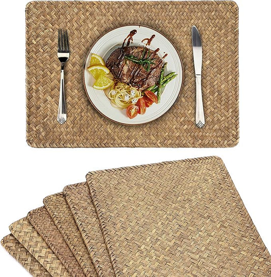 OwnMy Pack of 6 Natural Seagrass Placemats Woven Rattan Place Mat Rectangular Table Mats, 17" x 12" Sea Grass Meal Placemat Bamboo Place Mats for Dining Table Home Kitchen Picnic Table Decor (Coffee)