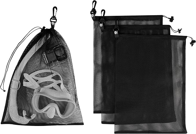 PALTERWEAR Mesh Drawstring Bag With Clip and Toggle Closure - For Camping, Outdoor, Shoes - Multi-Use Set of 4 (Black, 12 x 16 inch)