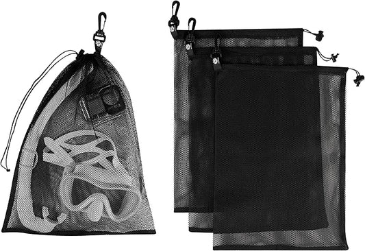 PALTERWEAR Mesh Drawstring Bag With Clip and Toggle Closure - For Camping, Outdoor, Shoes - Multi-Use Set of 4 (Black, 12 x 16 inch)