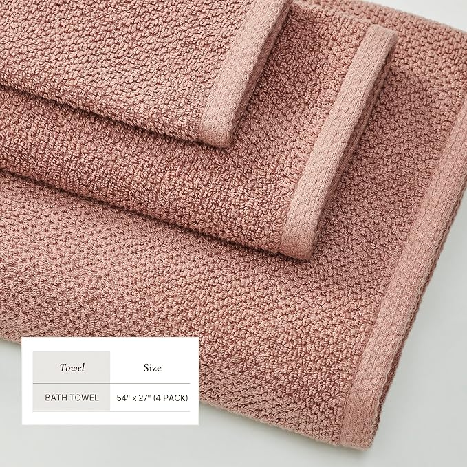 Great Bay Home Pink Bath Towel Set – 100% Cotton 4-Pack 54"x27", Absorbent & Quick-Drying, Soft & Durable