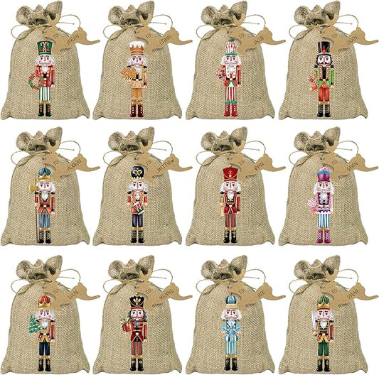 BORAMDO Christmas Nutcracker Linen Wrapping Bags, 24Pcs, Watercolor 12 Designs, Small Treat Candy Bags for Holiday Party Favor Supplies