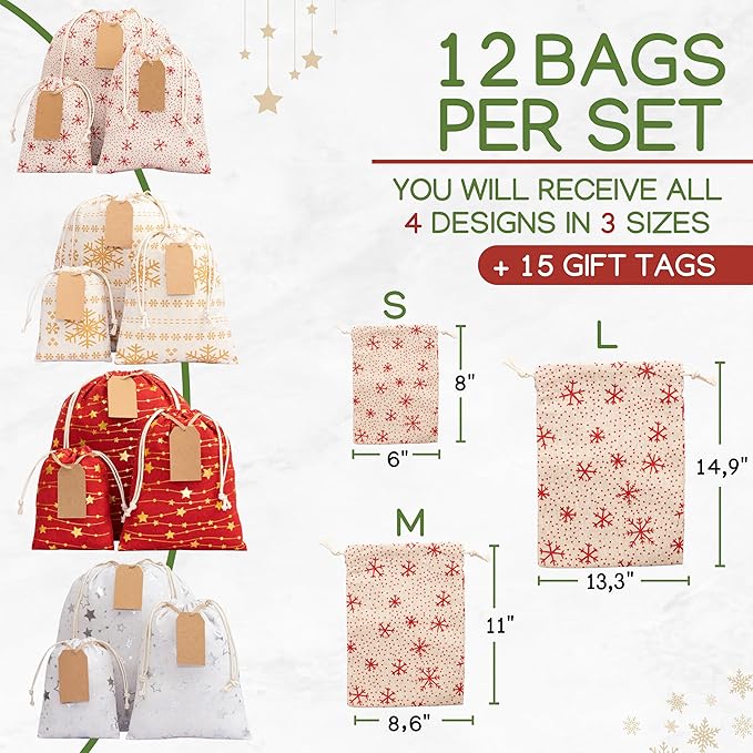 12 Pack Reusable Christmas gift bags with 15 gift tags. Gift sacks. Fabric drawstring holiday gift bags in assorted sizes. Xmas bags for presents, parties & stocking stuffers. (CE2)