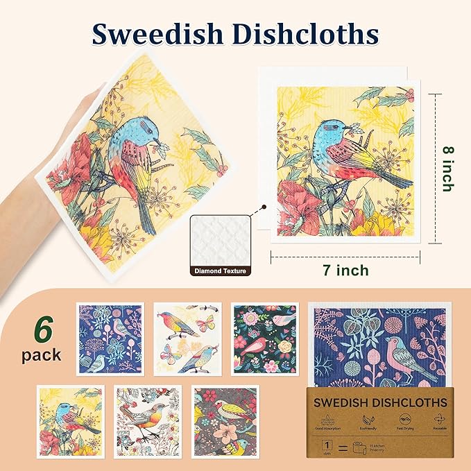 Swedish Dishcloths for Kitchen, 6 Pack Reusable Paper Towels Washable, Super Absorbent Kitchen Towels, Odorless, Biodegradable and Quick-Drying Dish Cloths, Flower and Bird Pattern