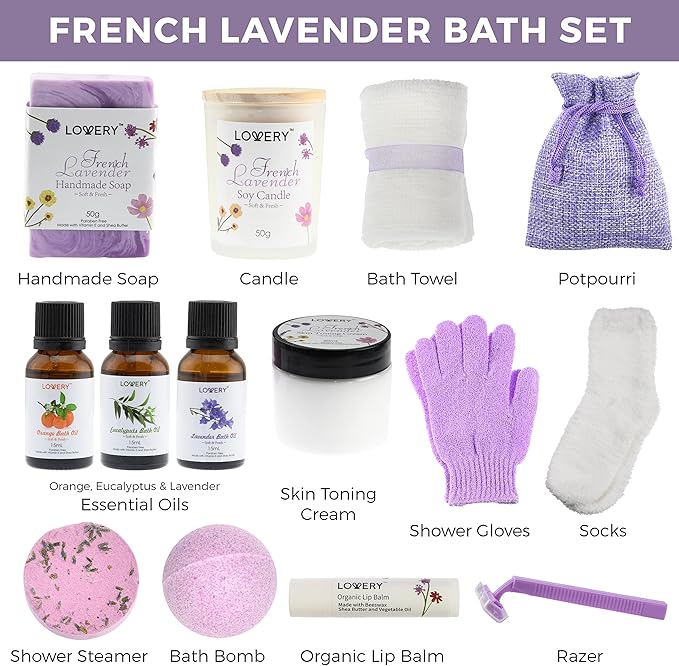 Christmas Bath Gift Set, 18pc French Lavender Relaxation Spa Gift Basket for Women & Men, Handmade Gift Box, Body Oils, Organic Lip Balm, Scented Candle, Bath Bomb & More, Spa Kit Gift for Birthday