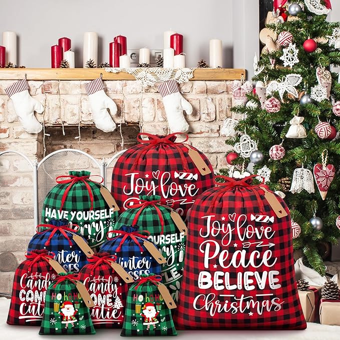 16 PCS Christmas Drawstring Gift Bags with Tags, Buffalo Plaid Large Xmas Gift Bags Assorted Sizes Bulk, Cotton Fabric Holiday Gift Bag Jumbo Medium Small Xmas Wrapping Bag for Presents Party Favors