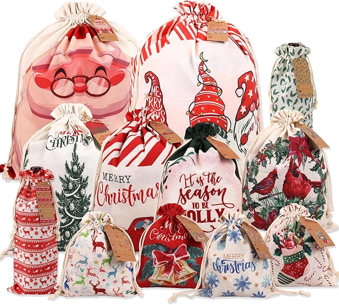 POPGIFTU 12 Pack Christmas Canvas Drawstring Gift Bags — Reusable Fabric Santa Sacks in Mixed Sizes with Kraft Tags for Holiday Present Packaging, Xmas Decorations & Party Favors