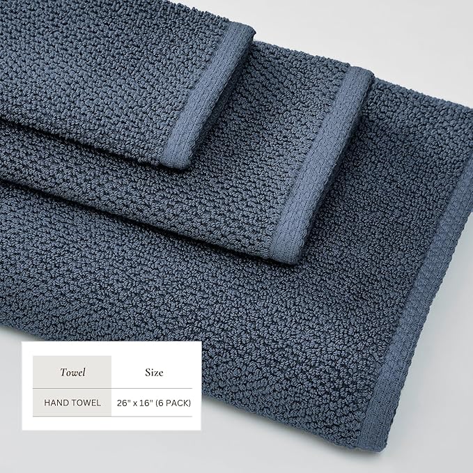 Great Bay Home Navy Hand Towels - 100% Cotton 6 Pack 26x16 Hand Towel Set - Absorbent, Quick-Drying, Durable Towels for Handroom Decor - Low-Twist, Two-Ply Fibers (Stone Blue)