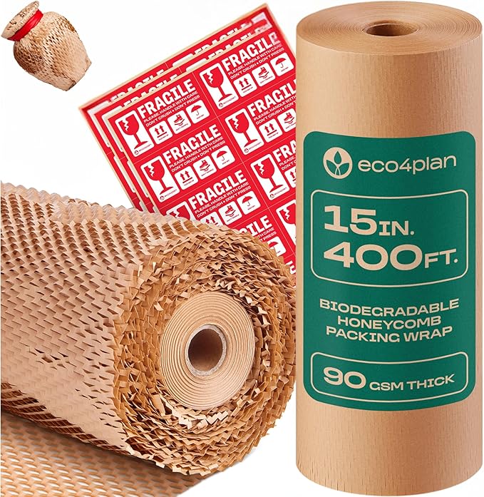 Honeycomb Packing Paper | Extra Thick 90 GSM Packing Wrap | Biodegradable Packing Materials: 15” x 400’ Moving Paper + 30 Fragile Stickers | Paper Bubble Wrap/Packing Bubbles Substitute