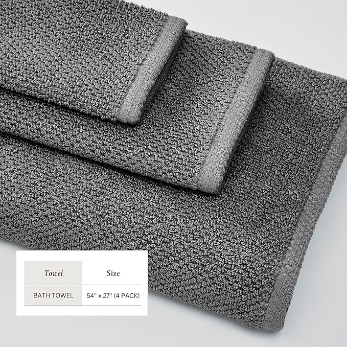 Great Bay Home Grey Bath Towels - 100% Cotton 4 Pack 54x27 Bath Towel Set - Absorbent, Quick-Drying, Durable Towels for Bathroom Decor - Low-Twist, Two-Ply Fibers (Dark Grey)