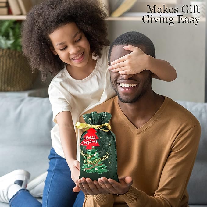 Fabric Christmas Gift Bags - 6 Pcs Gift Bags with Drawstring, Large Reusable Christmas Bags for Gifts (Green Xmas Tree Assorted)