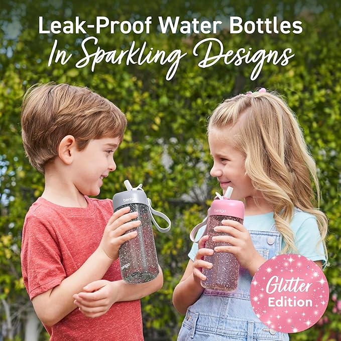 Bentgo Kids Water Bottle - Leak-Proof, Durable Tritan, BPA-Free 15 oz. Cup for Kids/Toddlers Ages 3+, Safe Sip Spout, Carrying Handle, & Dishwasher Safe for School (Glitter Edition - Petal Pink)